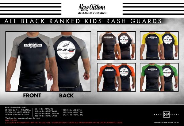 9th avenue Gracie Jiu Jitsu All Black Ranked KIDS Short Sleeve Rash Guards #373 A For Discount
