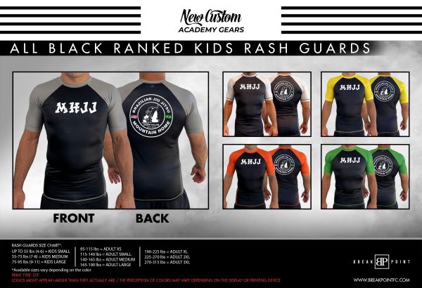 Mountain Home BJJ All Black Ranked KIDS Short Sleeve Rash Guards #550 For Discount
