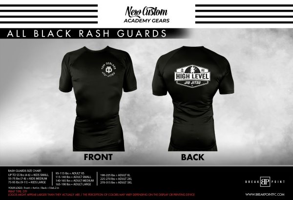 High Level Jiu Jitsu All Black Custom Rash Guards Short Sleeves #1325 A Sale