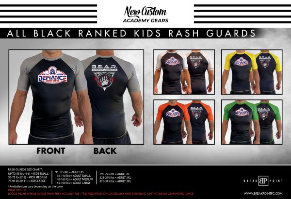 Defiance Martial Arts All Black Ranked KIDS Short Sleeve Rash Guards #1132 A Online Sale