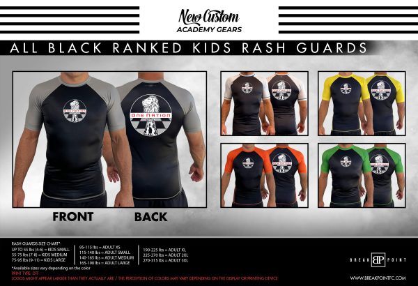 Jiu Jitsu Nation All Black Ranked KIDS Short Sleeve Rash Guards #020 For Sale