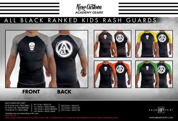 JAO Martial Arts Academy All Black Ranked KIDS Short Sleeve Rash Guards #737 A Cheap