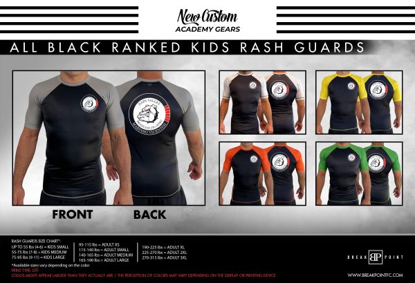 Carlson Gracie Napa Valley All Black Ranked KIDS Short Sleeve Rash Guards #573 Online