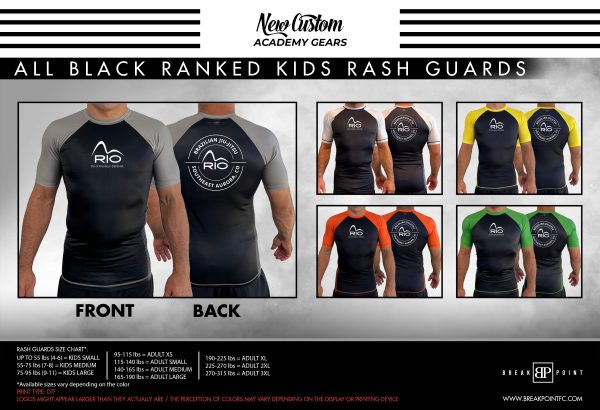 Rio Jiu-Jitsu Colorado All Black Ranked KIDS Short Sleeve Rash Guards #843 Online now
