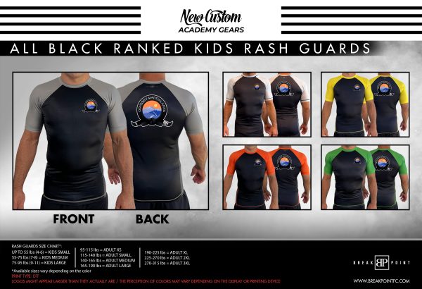 Odyssey Martial Arts Spring All Black Ranked KIDS Short Sleeve Rash Guards #921 on Sale