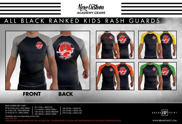 Tawheed Jiu Jitsu All Black Ranked KIDS Short Sleeve Rash Guards #1044 For Sale