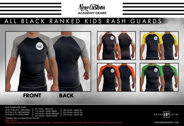 Ground Zero Jiu-Jitsu All Black Ranked KIDS Short Sleeve Rash Guards #1206 Cheap